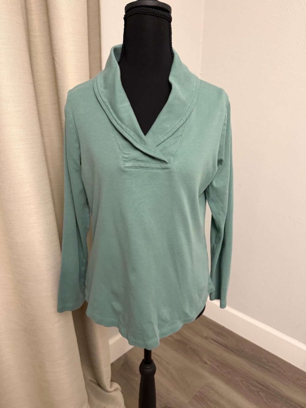 L.L. Bean Women's Long Sleeve Shawl Collar Tee in Seafoam Green